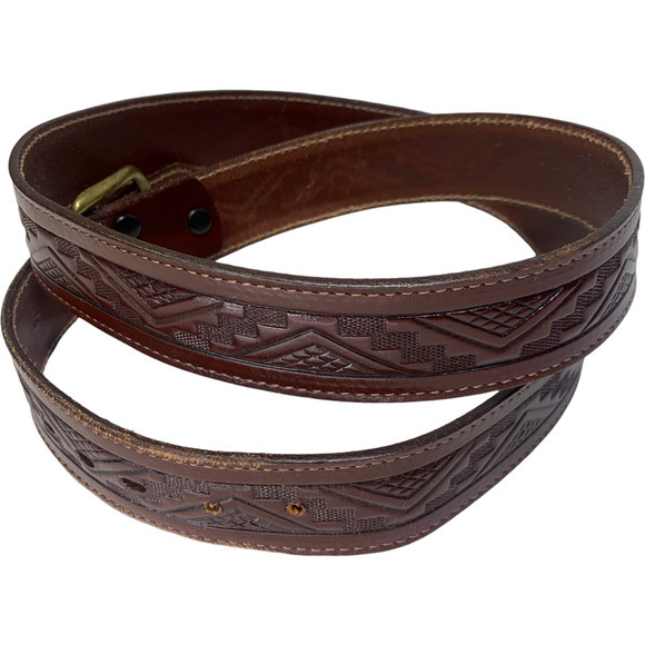 Brown Embossed Leather Aztec Western Belt‎ - Picture 3 of 9